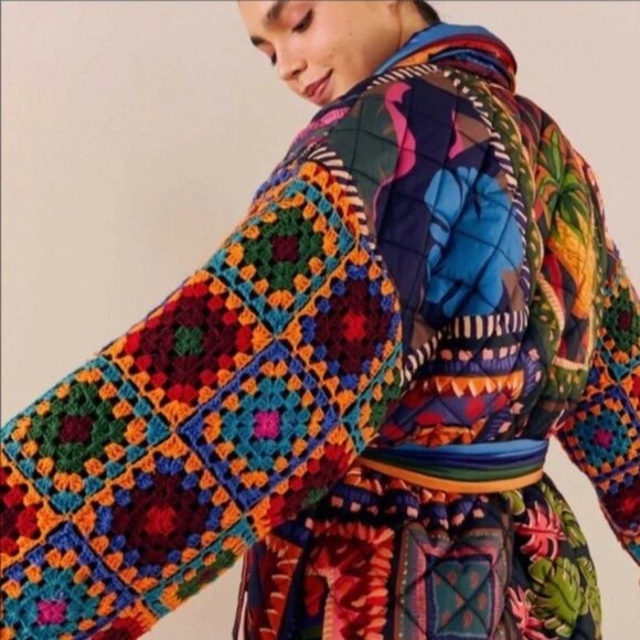 Farm Rio Crochet Sleeve Puffer Jacket Patchwork Tapestry Winter Tropical Longlin - Picture 2 of 15